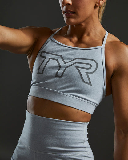 TYR BASE KINETIC™ WOMEN'S HIGH NECK BIG LOGO SPORTS BRA - HEATHER