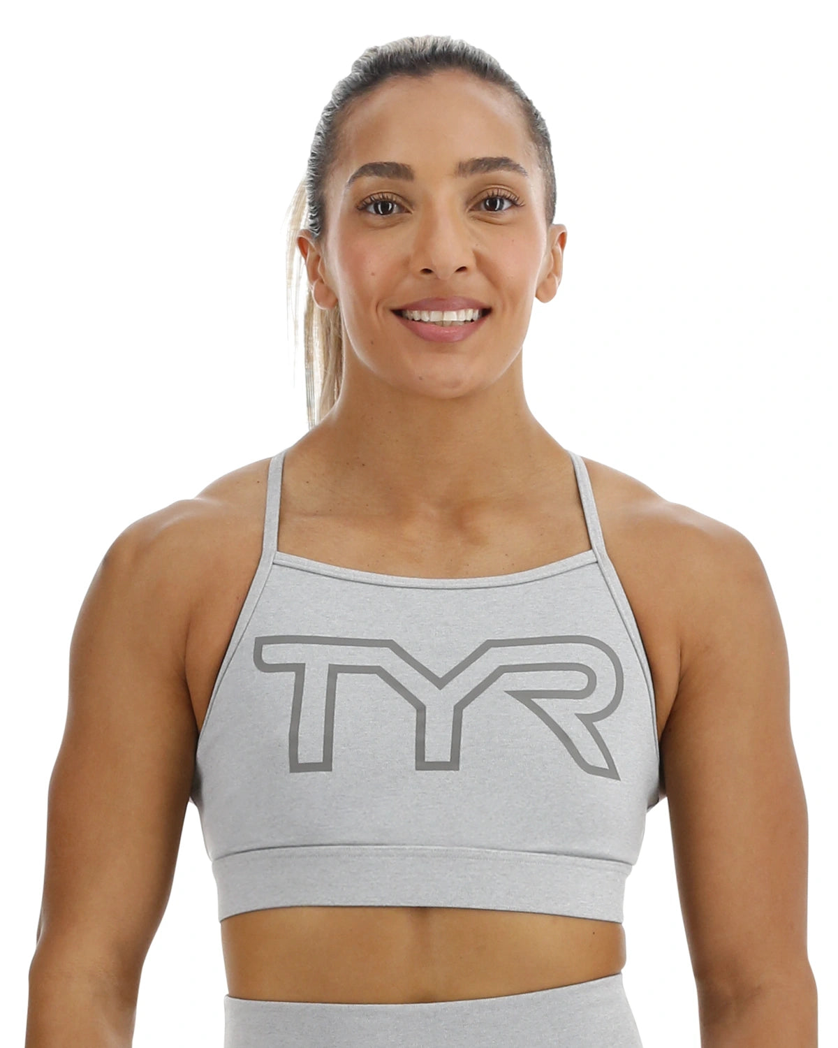 TYR BASE KINETIC™ WOMEN'S HIGH NECK BIG LOGO SPORTS BRA - HEATHER