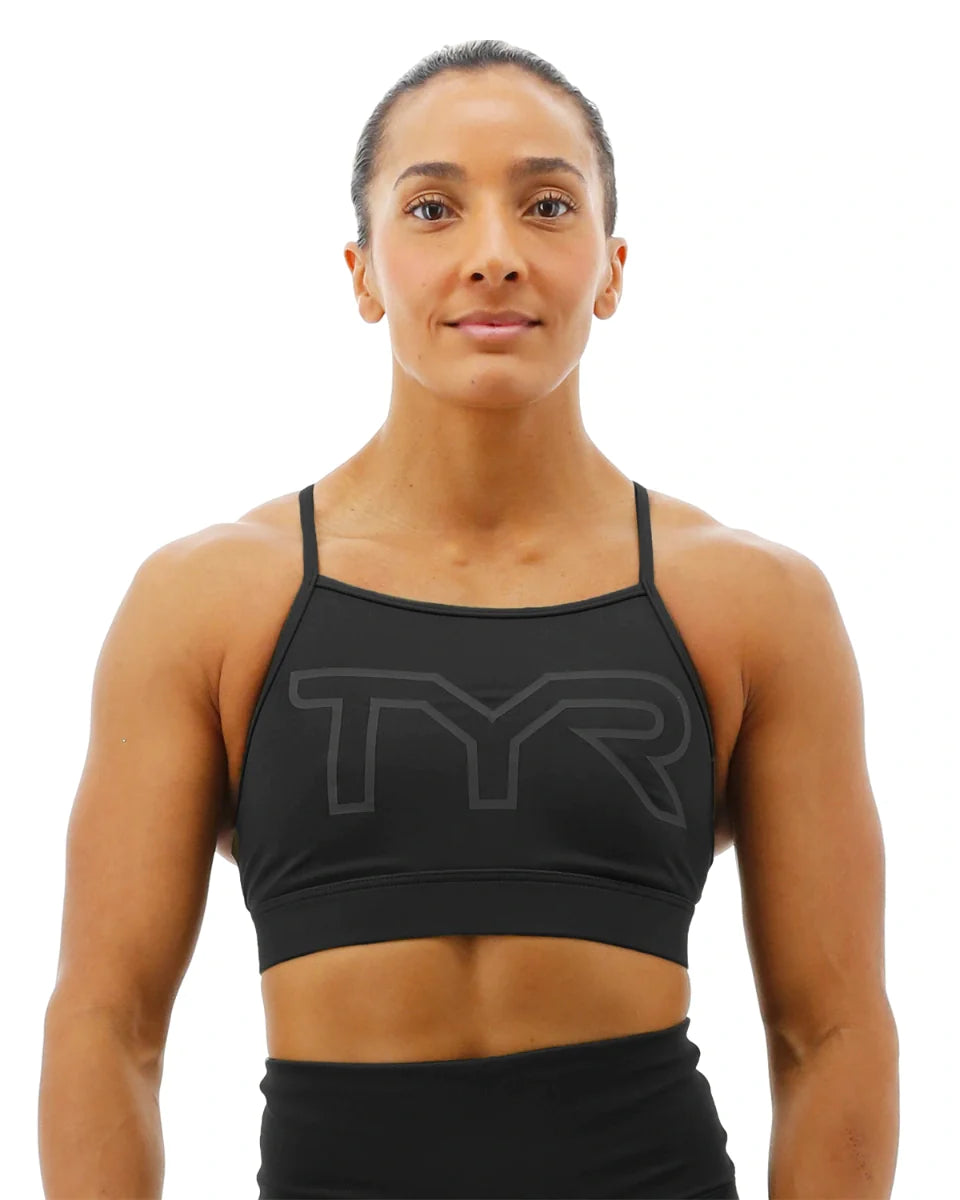 TYR BASE KINETIC™ WOMEN'S HIGH NECK BIG LOGO SPORTS BRA - SOLID