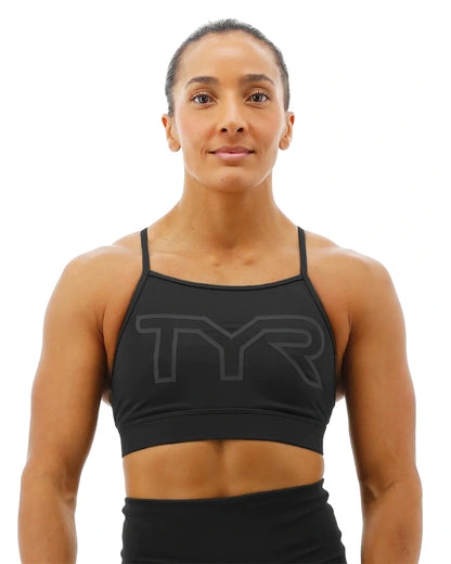 TYR BASE KINETIC™ WOMEN'S HIGH NECK BIG LOGO SPORTS BRA - SOLID