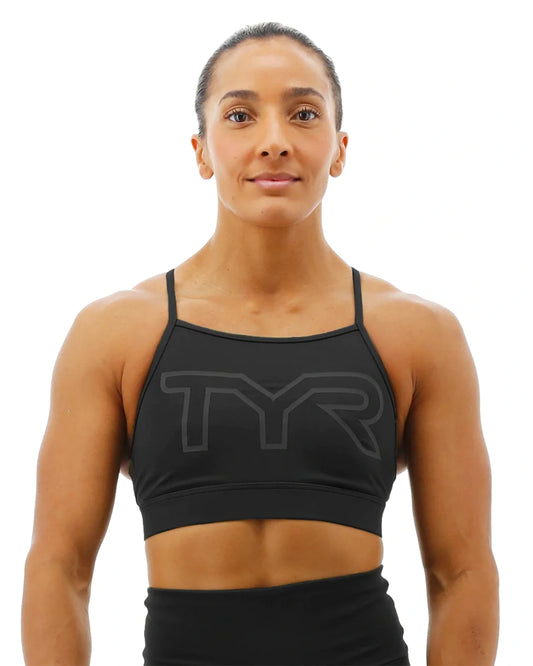 TYR BASE KINETIC™ WOMEN'S HIGH NECK BIG LOGO SPORTS BRA - SOLID